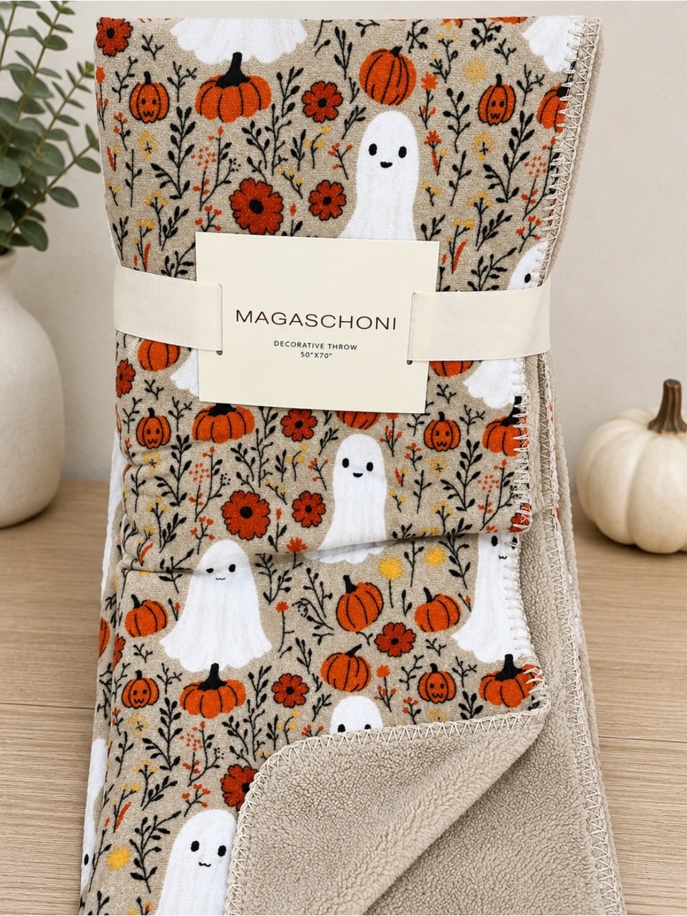 MAGASCHONI Fall Ghost & Pumpkin Fleece Throw Blanket 50x70
